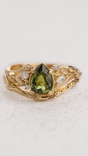 Natural Green Sapphire Bridal Ring Set with Matching Wedding Band / Patricia - Eden Garden Jewelry™