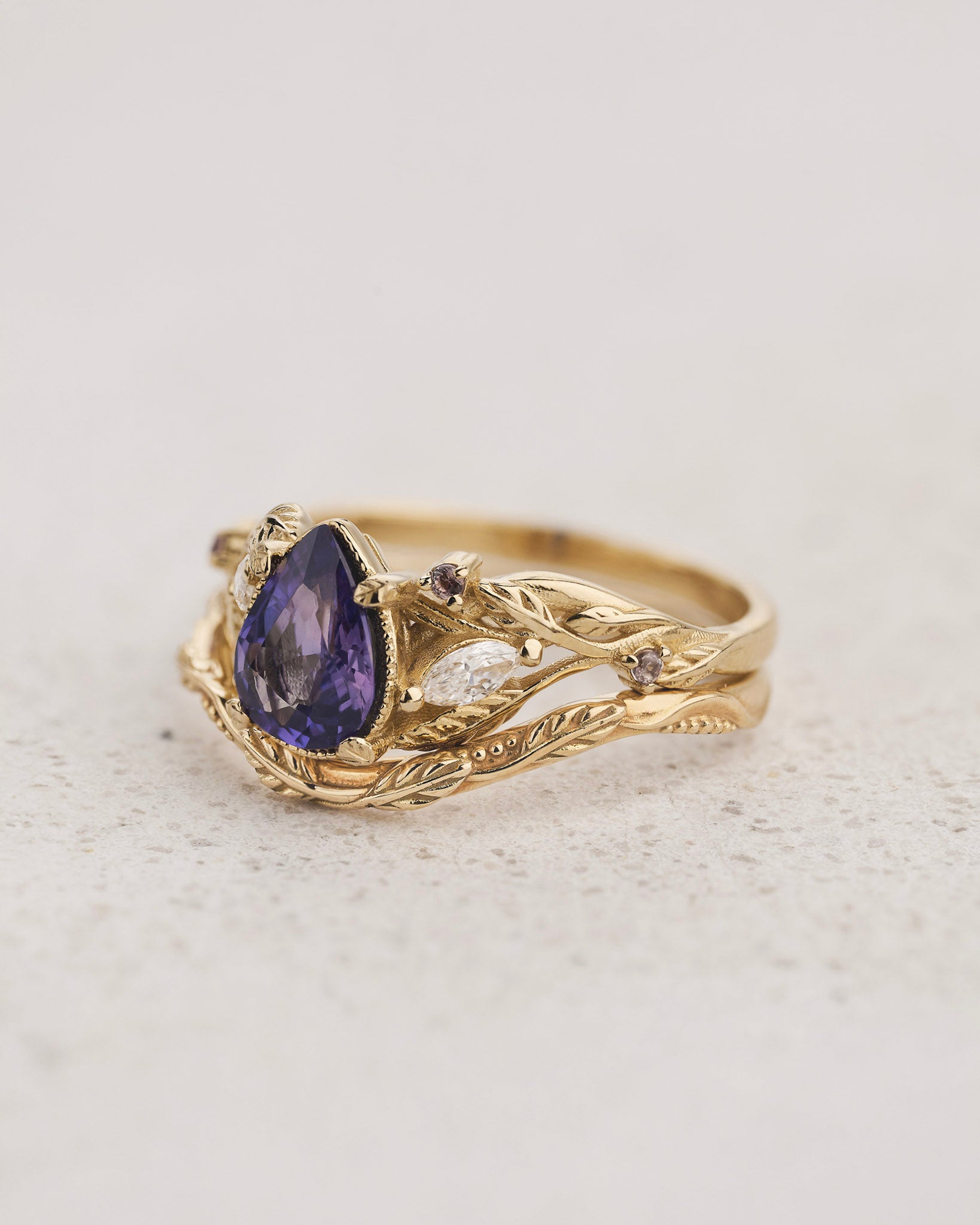 Engagement Ring with Natural Purple Sapphire and Accent Diamonds & Pink Sapphires / Patricia - Eden Garden Jewelry™