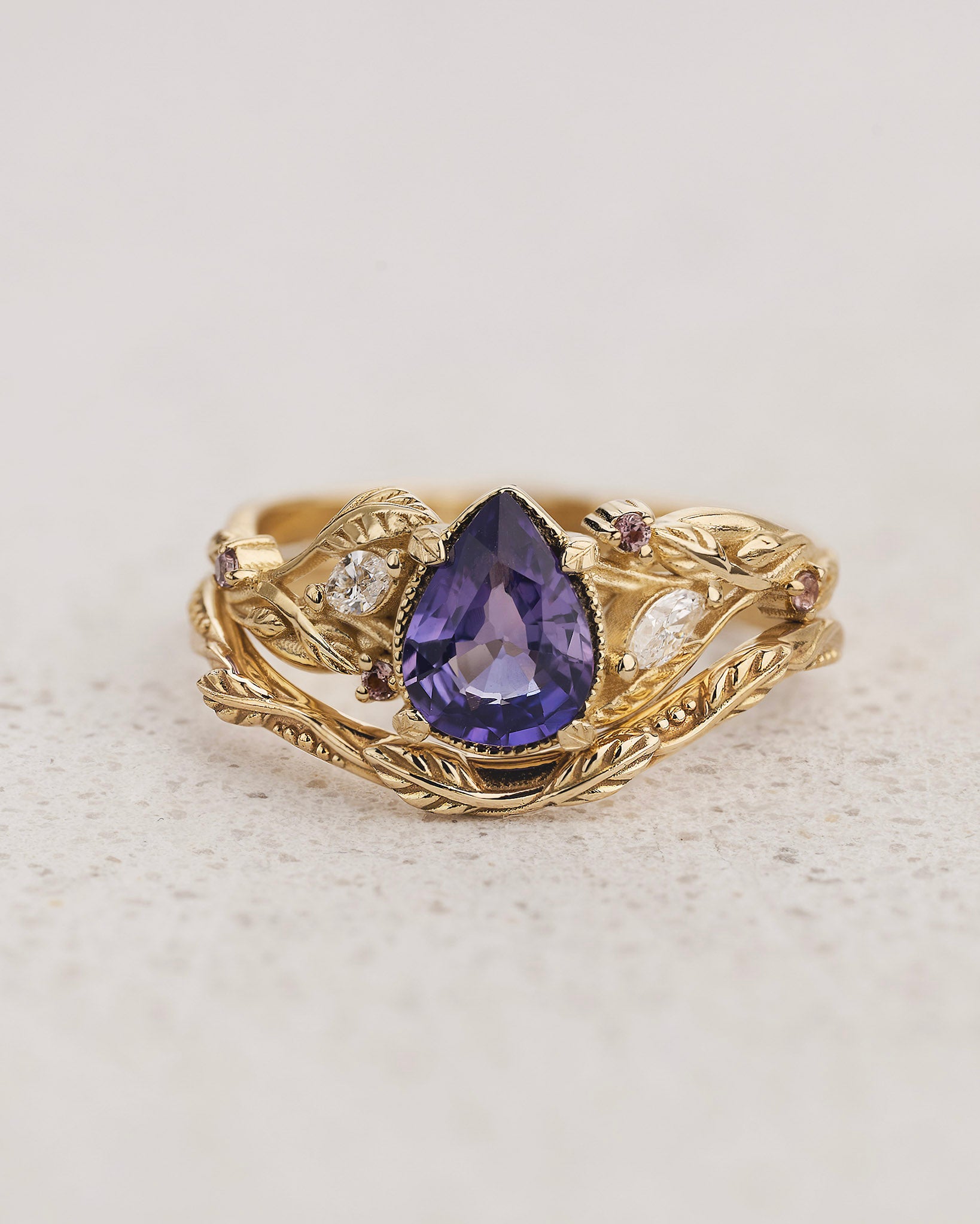 Engagement Ring with Natural Purple Sapphire and Accent Diamonds & Pink Sapphires / Patricia - Eden Garden Jewelry™