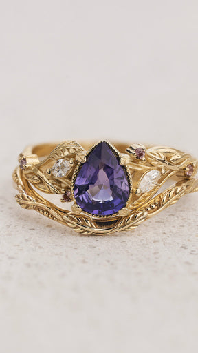 Engagement Ring with Natural Purple Sapphire and Accent Diamonds & Pink Sapphires / Patricia - Eden Garden Jewelry™