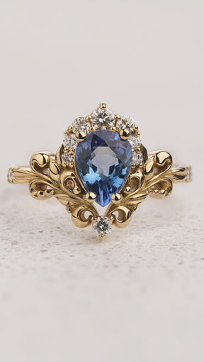 READY TO SHIP Sophie ring in 14K yellow gold, natural blue sapphire pear cut 8x6 mm, accent natural diamonds, AVAILABLE RING SIZES: 5.5 - 8.5 US - Eden Garden Jewelry™