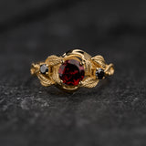 Natural garnet and black lab grown diamonds engagement ring, gold leaf proposal ring  / Azalea - Eden Garden Jewelry™