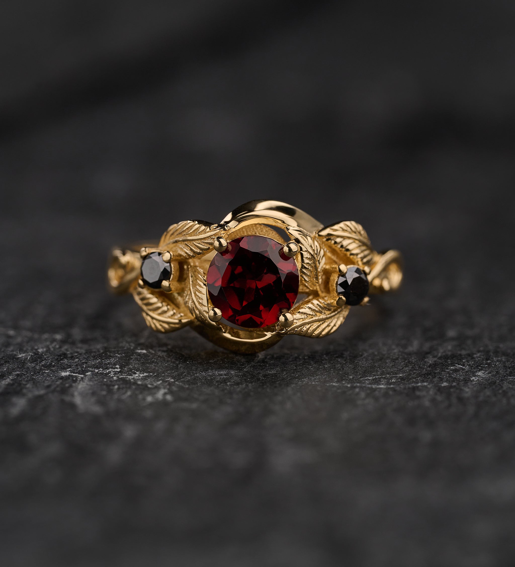 Natural garnet and black lab grown diamonds engagement ring, gold leaf proposal ring  / Azalea - Eden Garden Jewelry™