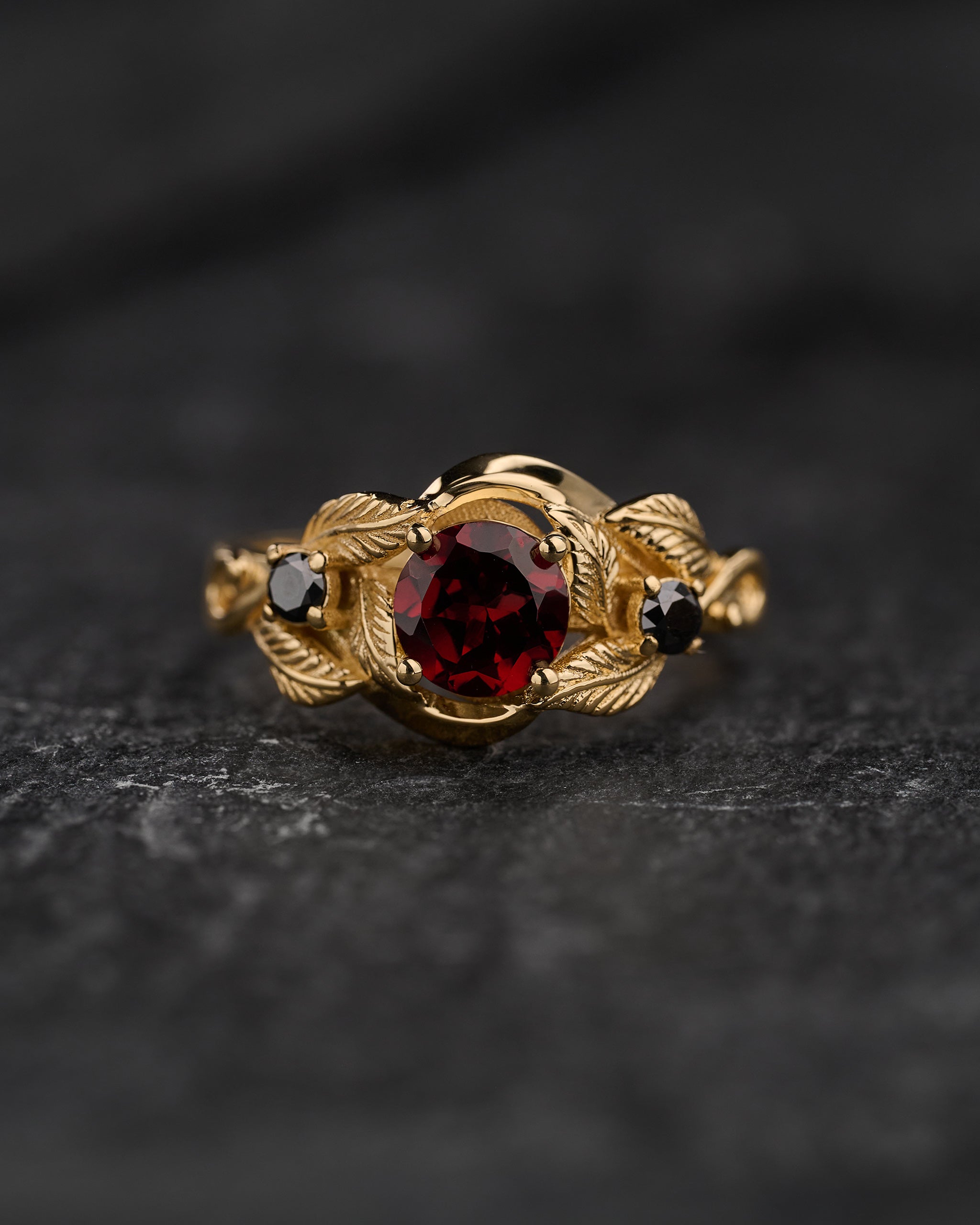 Natural garnet and black lab grown diamonds engagement ring, gold leaf proposal ring  / Azalea - Eden Garden Jewelry™