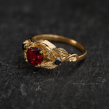 Natural garnet and black lab grown diamonds engagement ring, gold leaf proposal ring  / Azalea - Eden Garden Jewelry™