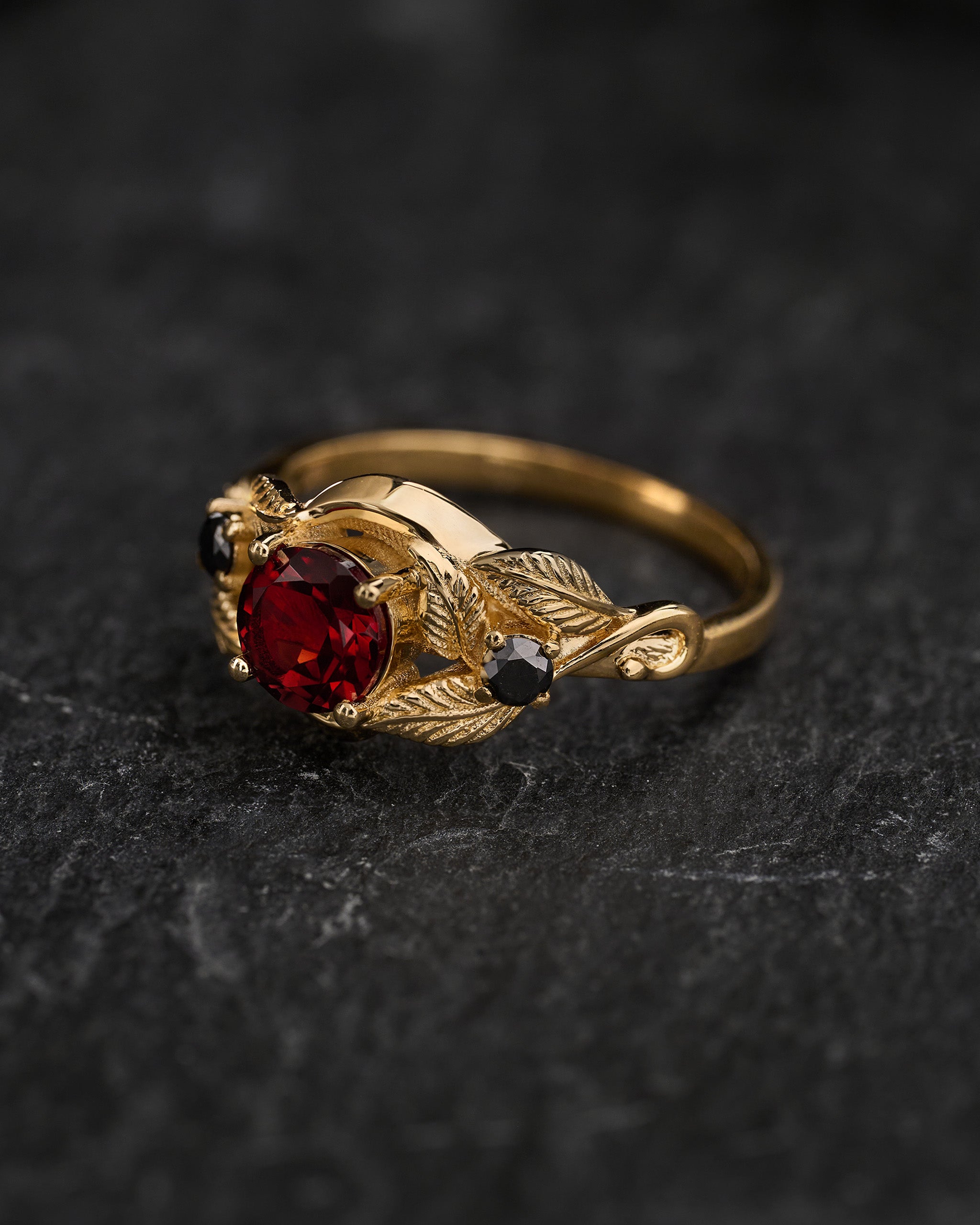 Natural garnet and black lab grown diamonds engagement ring, gold leaf proposal ring  / Azalea - Eden Garden Jewelry™