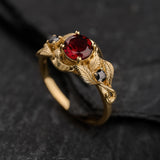 Natural garnet and black lab grown diamonds engagement ring, gold leaf proposal ring  / Azalea - Eden Garden Jewelry™