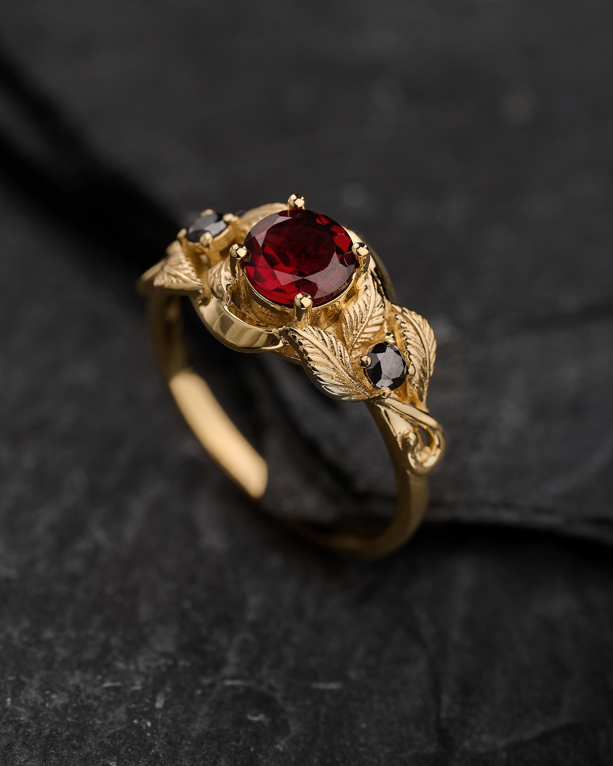 Natural garnet and black lab grown diamonds engagement ring, gold leaf proposal ring  / Azalea - Eden Garden Jewelry™