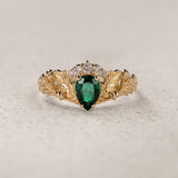 Oak Leaves Engagement Ring with Pear-Cut Emerald and Diamond Crown / Royal Oak - Eden Garden Jewelry™