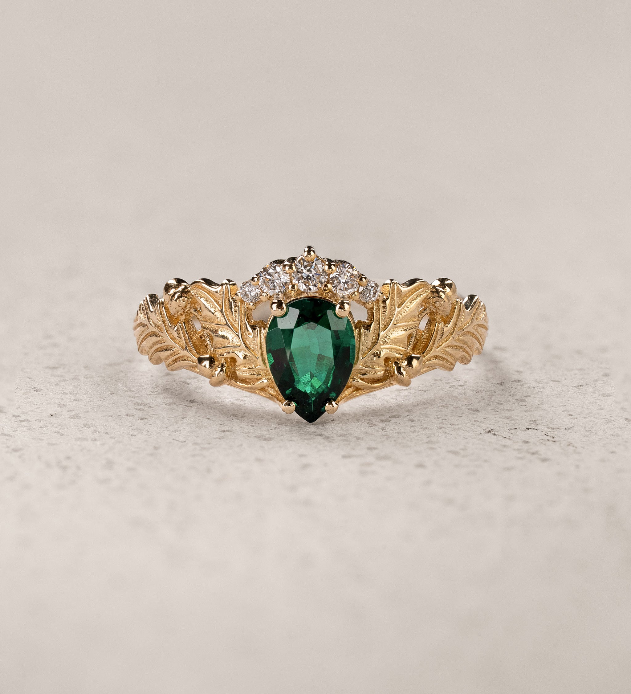 Oak Leaves Engagement Ring with Pear-Cut Emerald and Diamond Crown / Royal Oak - Eden Garden Jewelry™