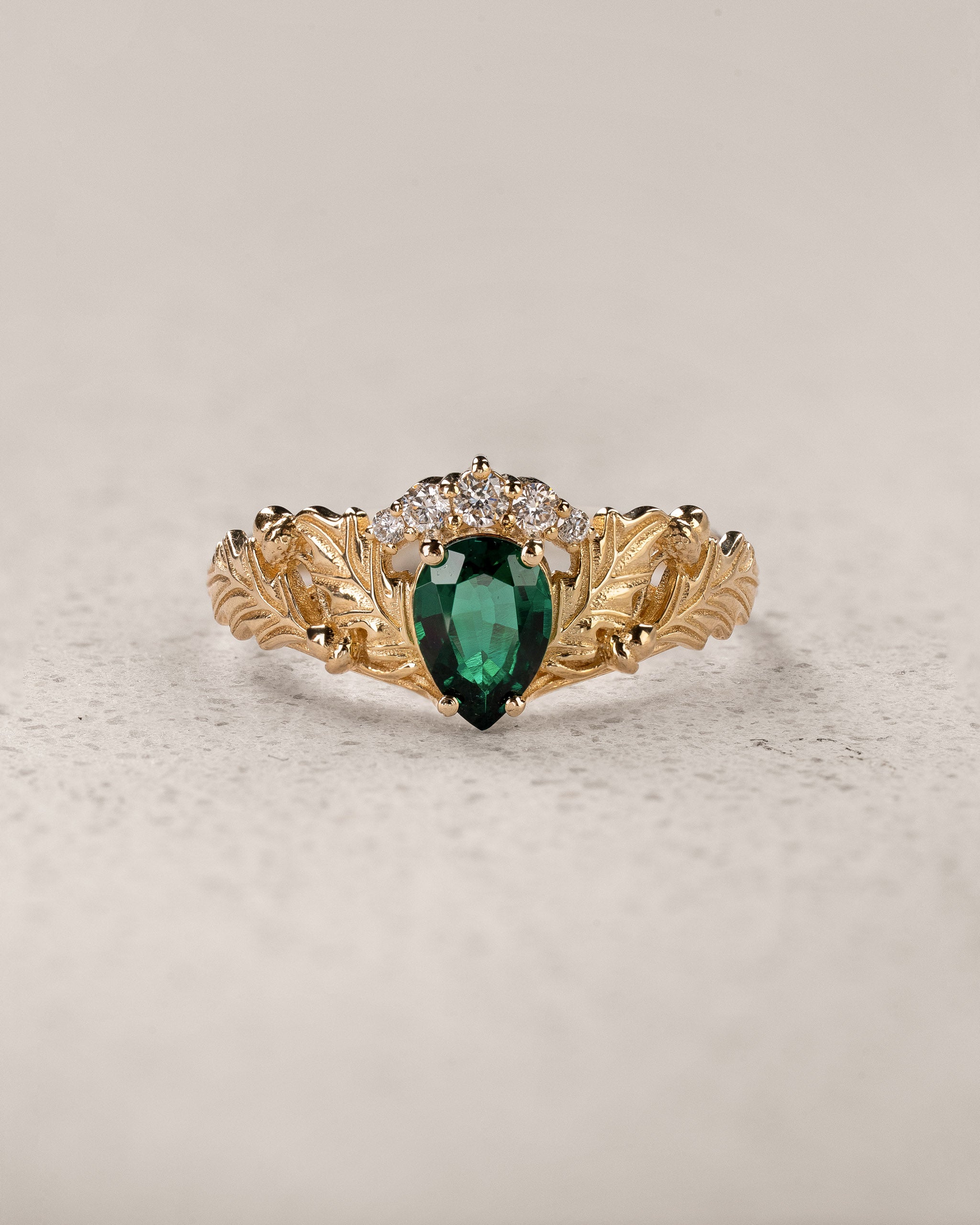 Oak Leaves Engagement Ring with Pear-Cut Emerald and Diamond Crown / Royal Oak - Eden Garden Jewelry™