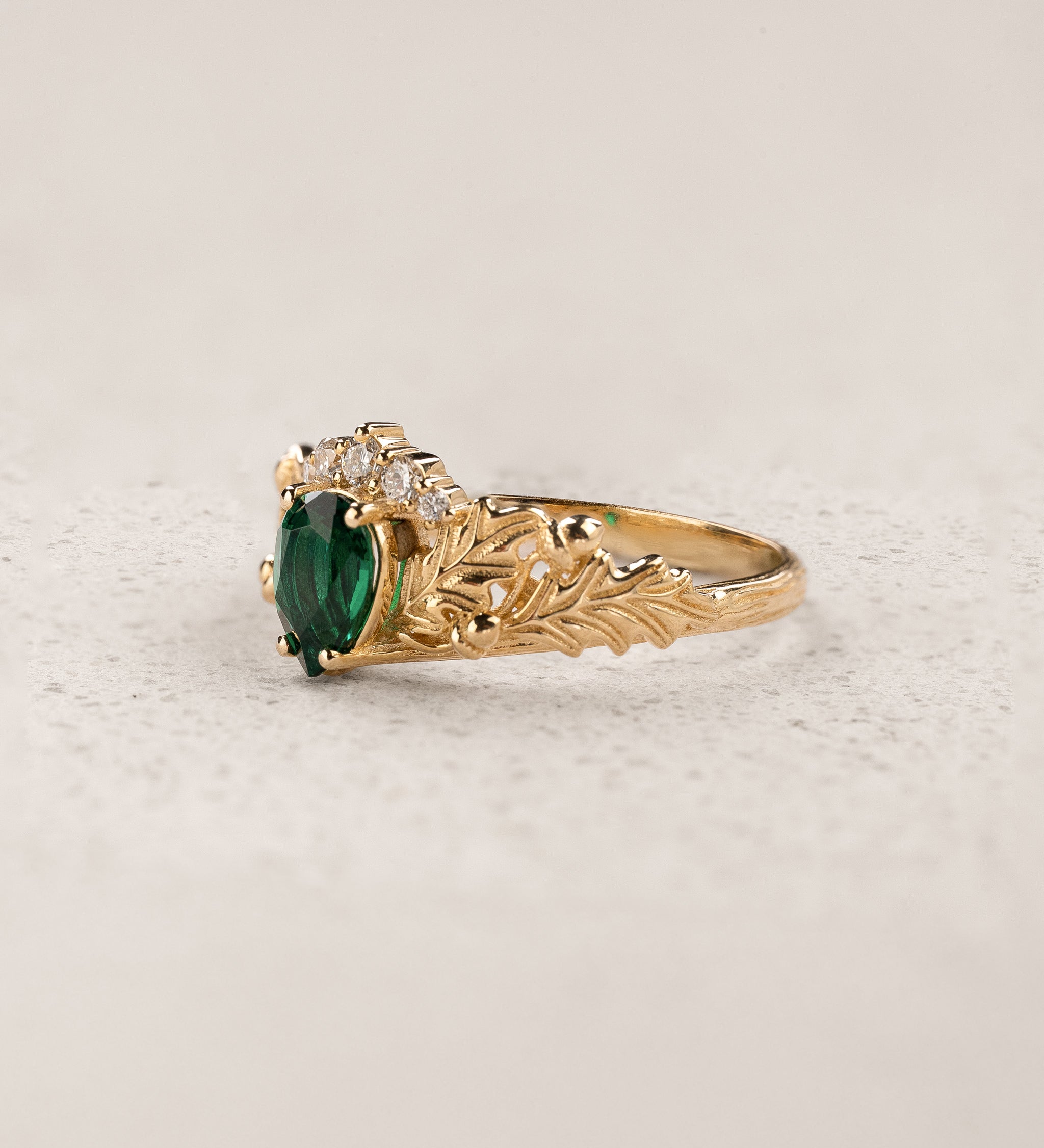 Oak Leaves Engagement Ring with Pear-Cut Emerald and Diamond Crown / Royal Oak - Eden Garden Jewelry™