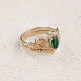 Oak Leaves Bridal Set with Pear-Cut Emerald Engagement Ring / Royal Oak - Eden Garden Jewelry™