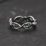 Oak Leaves Wedding Band with Natural Emeralds