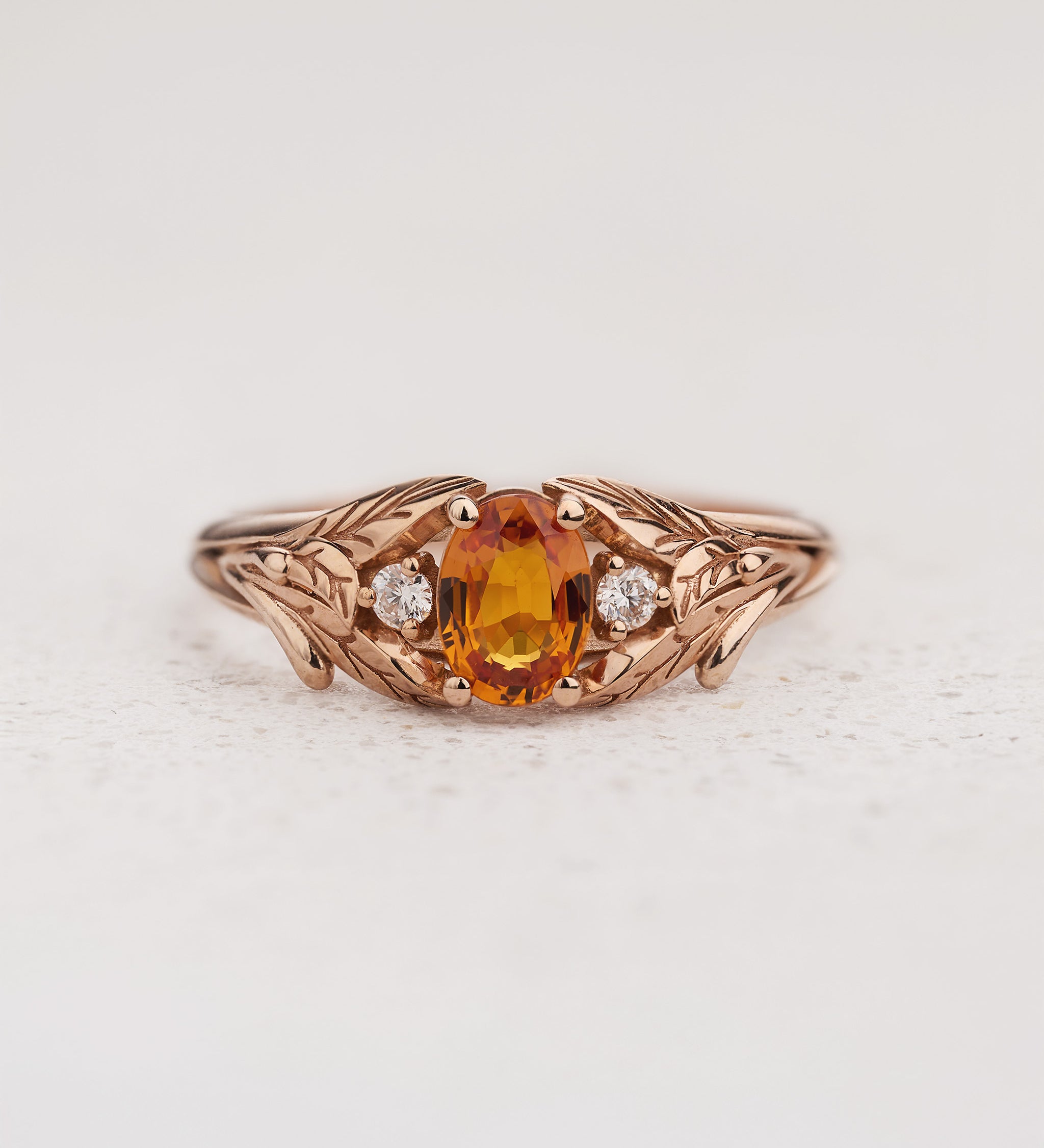 Orange sapphire engagement ring with diamonds, leaf engagement ring / Wisteria - Eden Garden Jewelry™