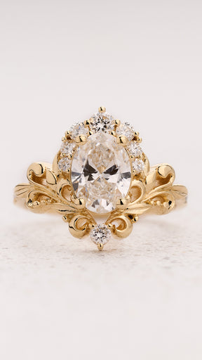 Bridal Set with Oval Lab-grown Diamond & Gold Swirly Foliage / Sophie - Eden Garden Jewelry™