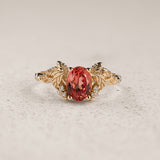 Oval Padparadscha Sapphire Engagement Ring with Golden Grape Leaves / Vineyard - Eden Garden Jewelry™