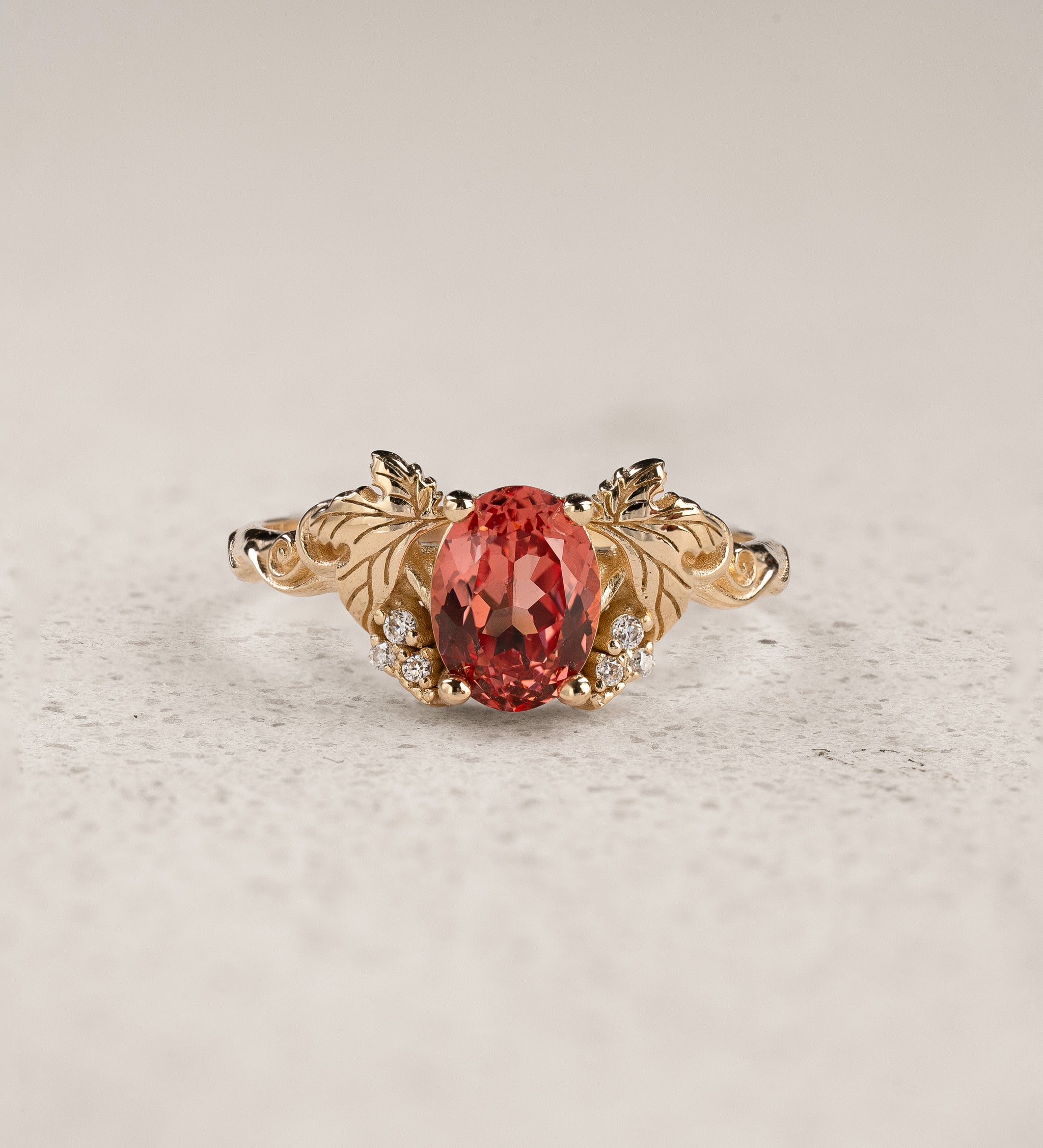 Oval Padparadscha Sapphire Engagement Ring with Golden Grape Leaves / Vineyard - Eden Garden Jewelry™