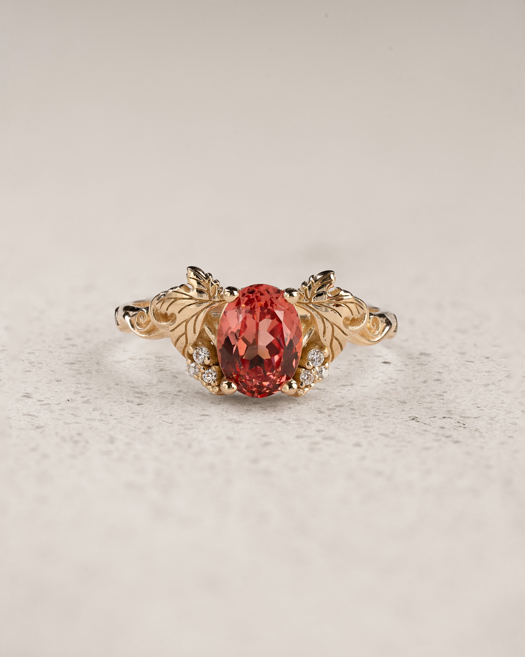 Oval Padparadscha Sapphire Engagement Ring with Golden Grape Leaves / Vineyard - Eden Garden Jewelry™