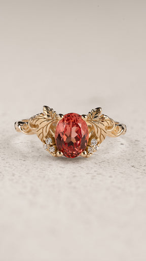 Oval Padparadscha Sapphire Engagement Ring with Golden Grape Leaves / Vineyard - Eden Garden Jewelry™