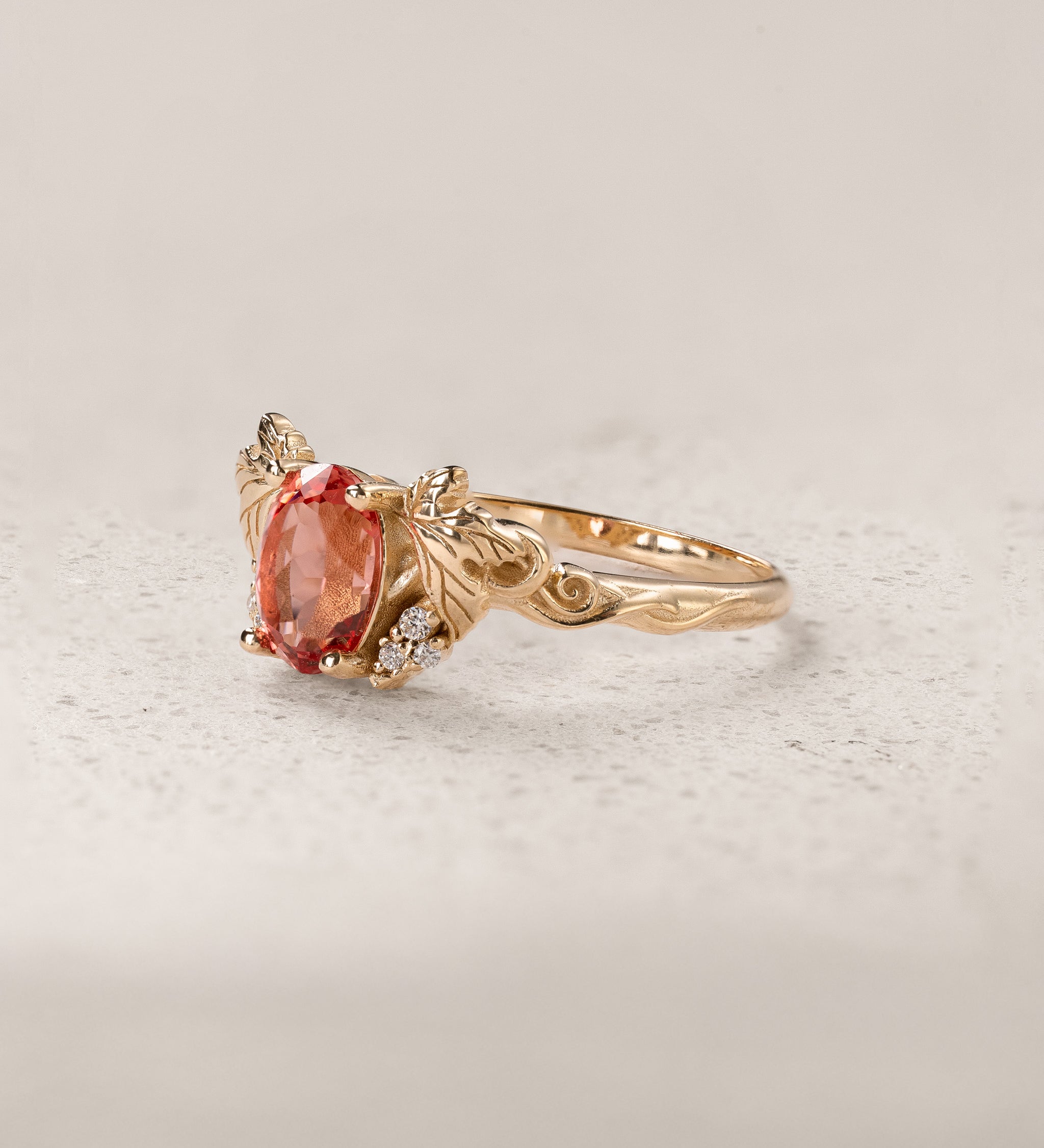 Oval Padparadscha Sapphire Engagement Ring with Golden Grape Leaves / Vineyard - Eden Garden Jewelry™