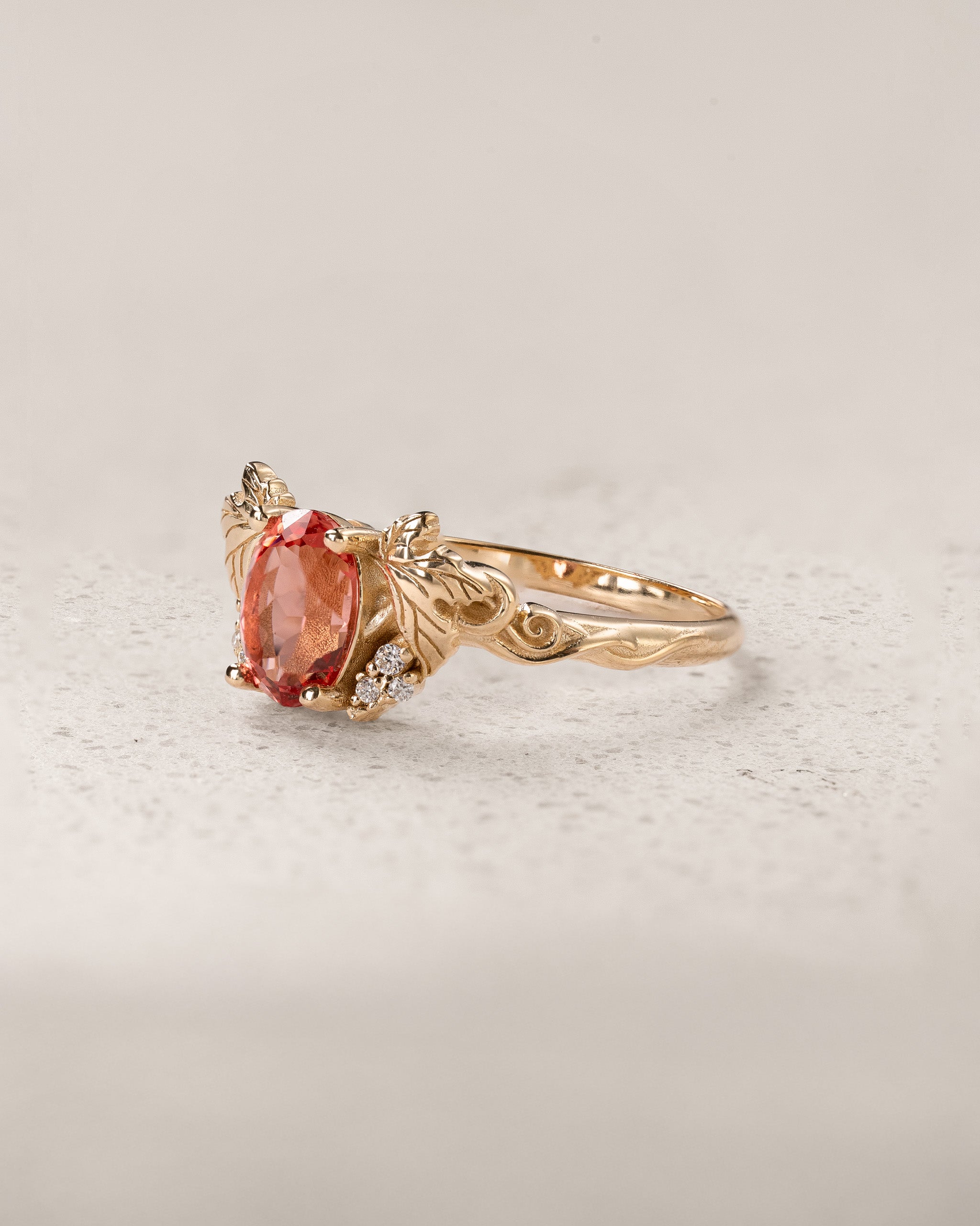 Oval Padparadscha Sapphire Engagement Ring with Golden Grape Leaves / Vineyard - Eden Garden Jewelry™