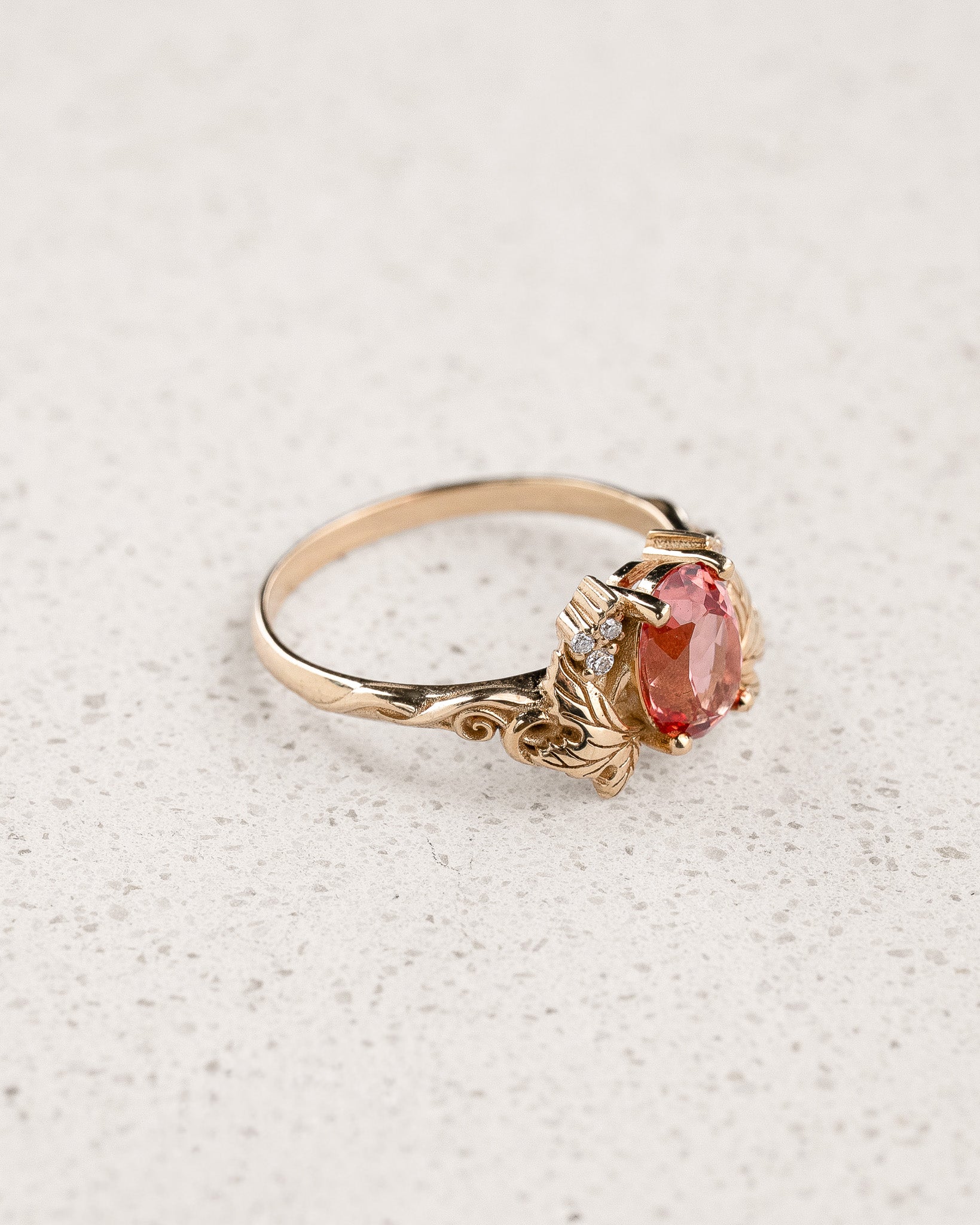 Oval Padparadscha Sapphire Engagement Ring with Golden Grape Leaves / Vineyard - Eden Garden Jewelry™