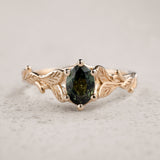 Bridal Set with Oval Dark Green Sapphire Embraced by Golden Leaves / Freesia - Eden Garden Jewelry™