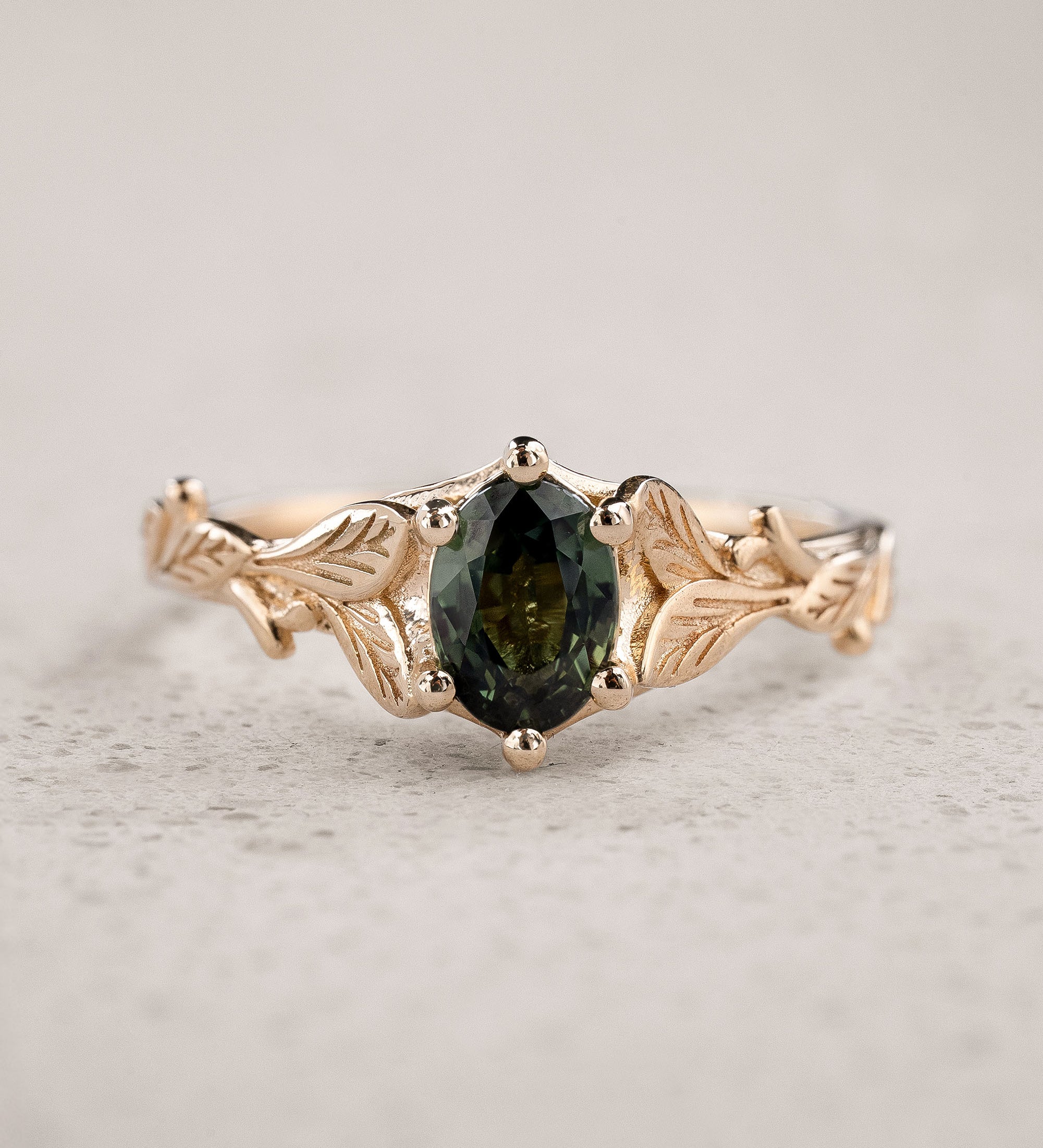 Bridal Set with Oval Dark Green Sapphire Embraced by Golden Leaves / Freesia - Eden Garden Jewelry™