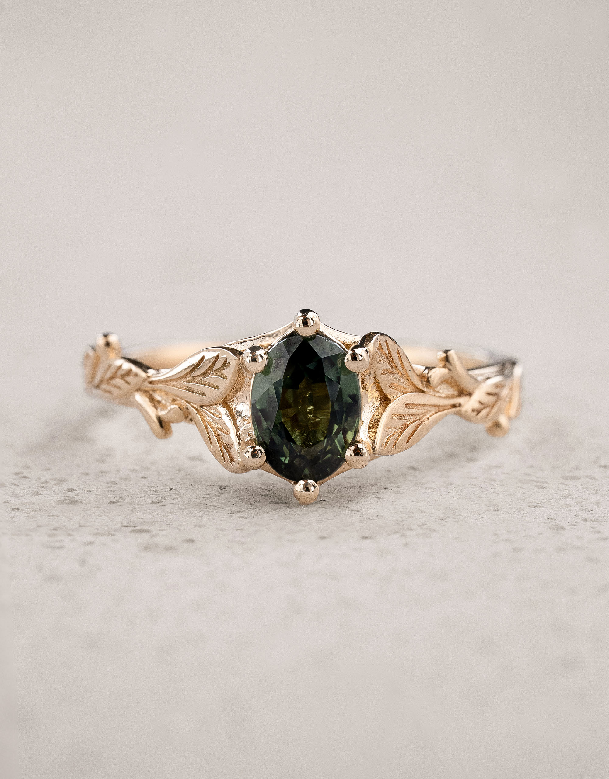 Bridal Set with Oval Dark Green Sapphire Embraced by Golden Leaves / Freesia - Eden Garden Jewelry™