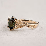 Oval Deep Green (Natural) Sapphire Engagement Ring with Gold Leaves / Freesia - Eden Garden Jewelry™