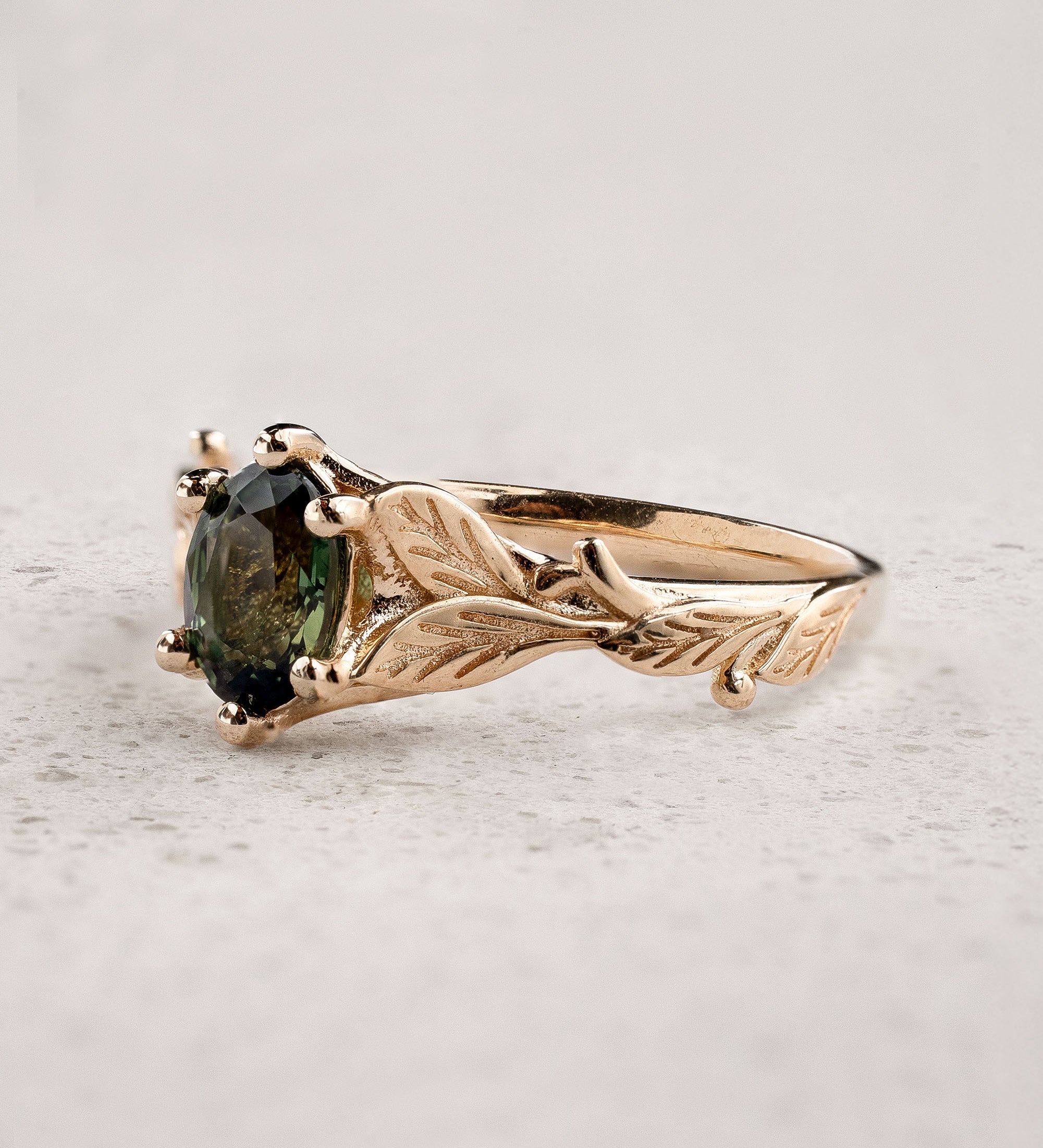 Oval Deep Green (Natural) Sapphire Engagement Ring with Gold Leaves / Freesia - Eden Garden Jewelry™