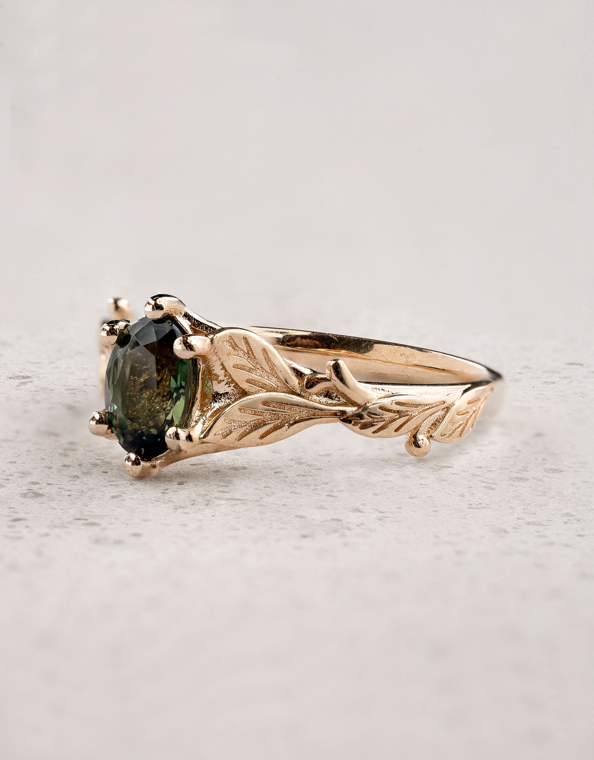 Oval Deep Green (Natural) Sapphire Engagement Ring with Gold Leaves / Freesia - Eden Garden Jewelry™