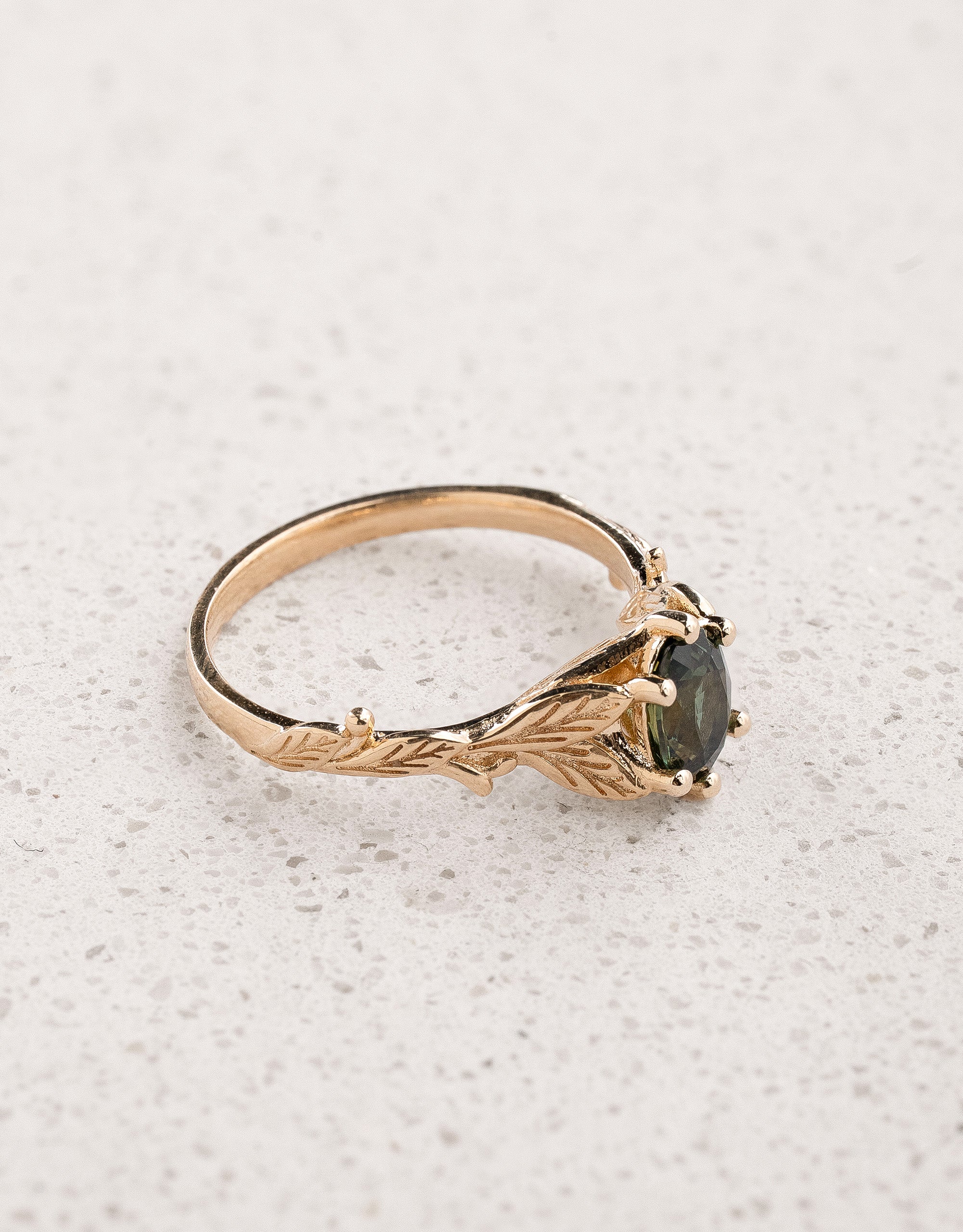 Oval Deep Green (Natural) Sapphire Engagement Ring with Gold Leaves / Freesia - Eden Garden Jewelry™