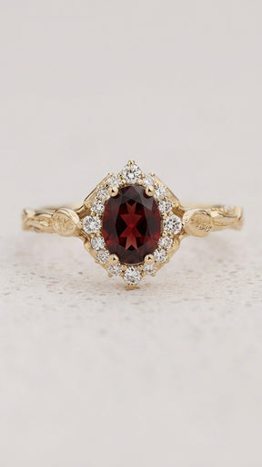 Oval garnet engagement ring with diamond halo, solid gold leaf ring / Florentina - Eden Garden Jewelry™