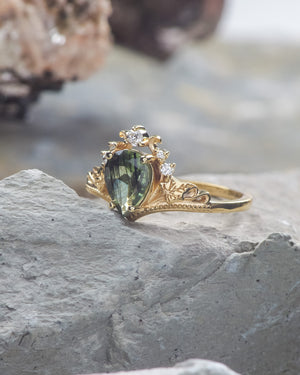 Unusual rutile peridot engagement ring, golden ring with ivy leaves / Ariadne