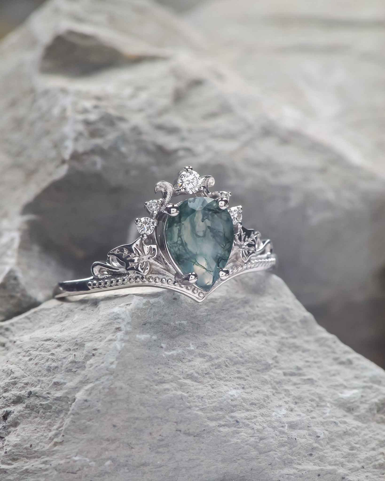 READY TO SHIP: Ariadne engagement ring with pear moss agate and lab grown diamonds, 14K white gold, RING SIZES: 5.5 - 8.5 US - Eden Garden Jewelry™