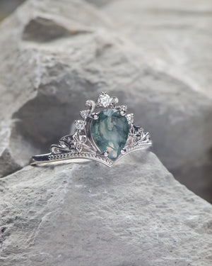 READY TO SHIP: Ariadne engagement ring with pear moss agate and lab grown diamonds, 14K white gold, RING SIZES: 5.5 - 8.5 US