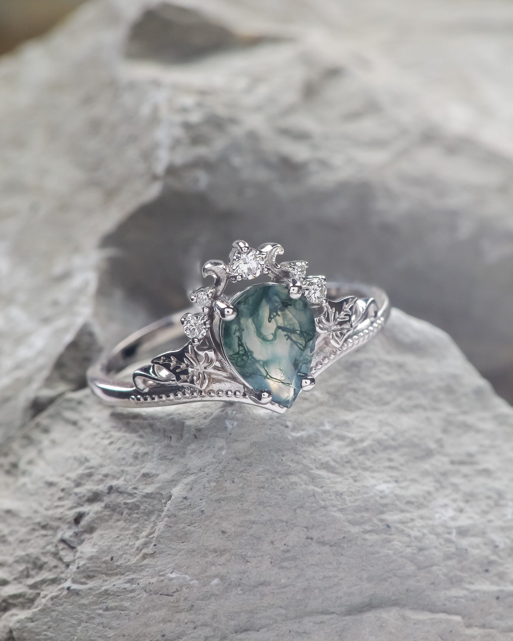 READY TO SHIP: Ariadne engagement ring with pear moss agate and lab grown diamonds, 14K white gold, RING SIZES: 5.5 - 8.5 US - Eden Garden Jewelry™