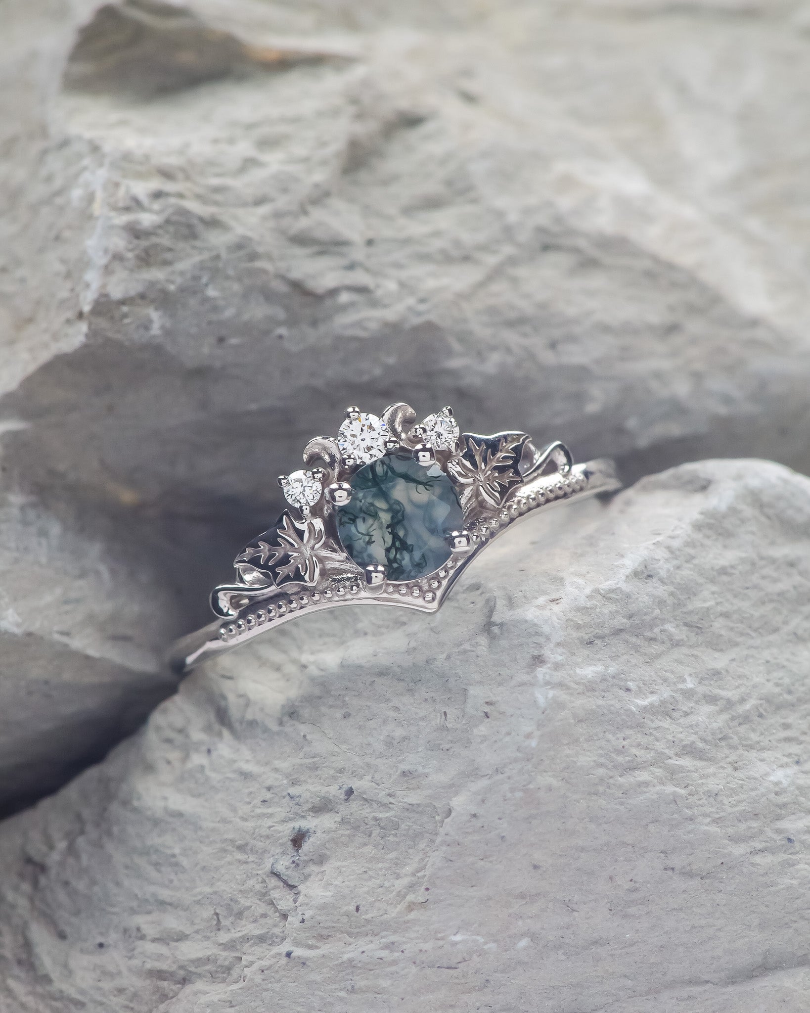 Moss agate engagement ring, alternative gold promise ring with diamonds / Ariadne