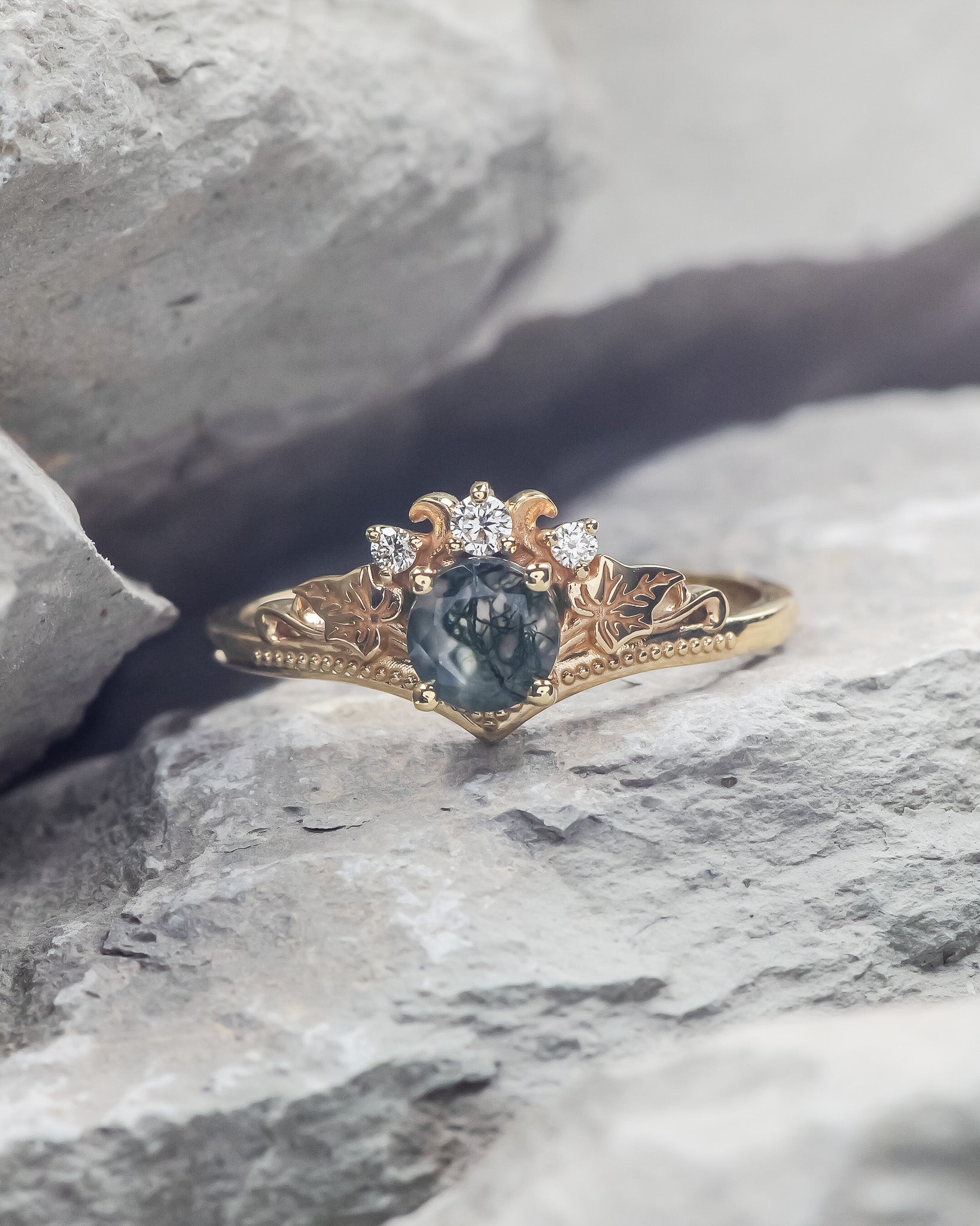 Moss agate engagement ring, alternative gold promise ring with diamonds / Ariadne