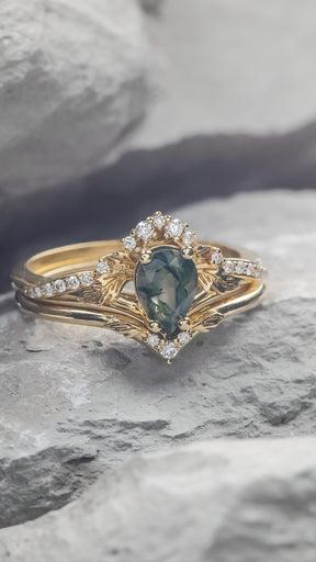 READY TO SHIP: Amelia in 14K yellow gold, bridal set with natural moss agate and diamonds, AVAILABLE RING SIZES: 5.5 - 8.5 US - Eden Garden Jewelry™