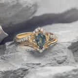 One of a kind moss agate bridal ring set, gold stacking engagement and wedding rings / Amelia - Eden Garden Jewelry™