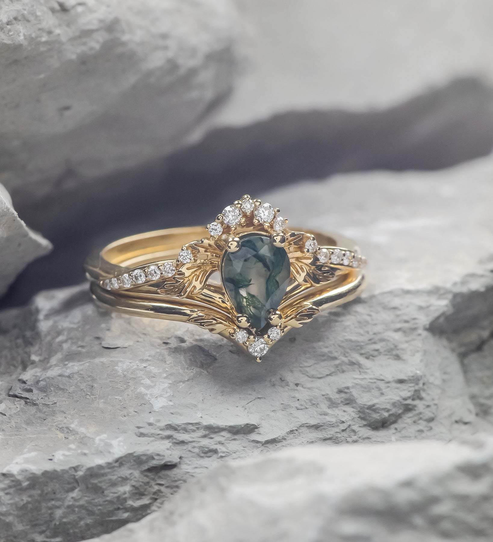 One of a kind moss agate bridal ring set, gold stacking engagement and wedding rings / Amelia - Eden Garden Jewelry™