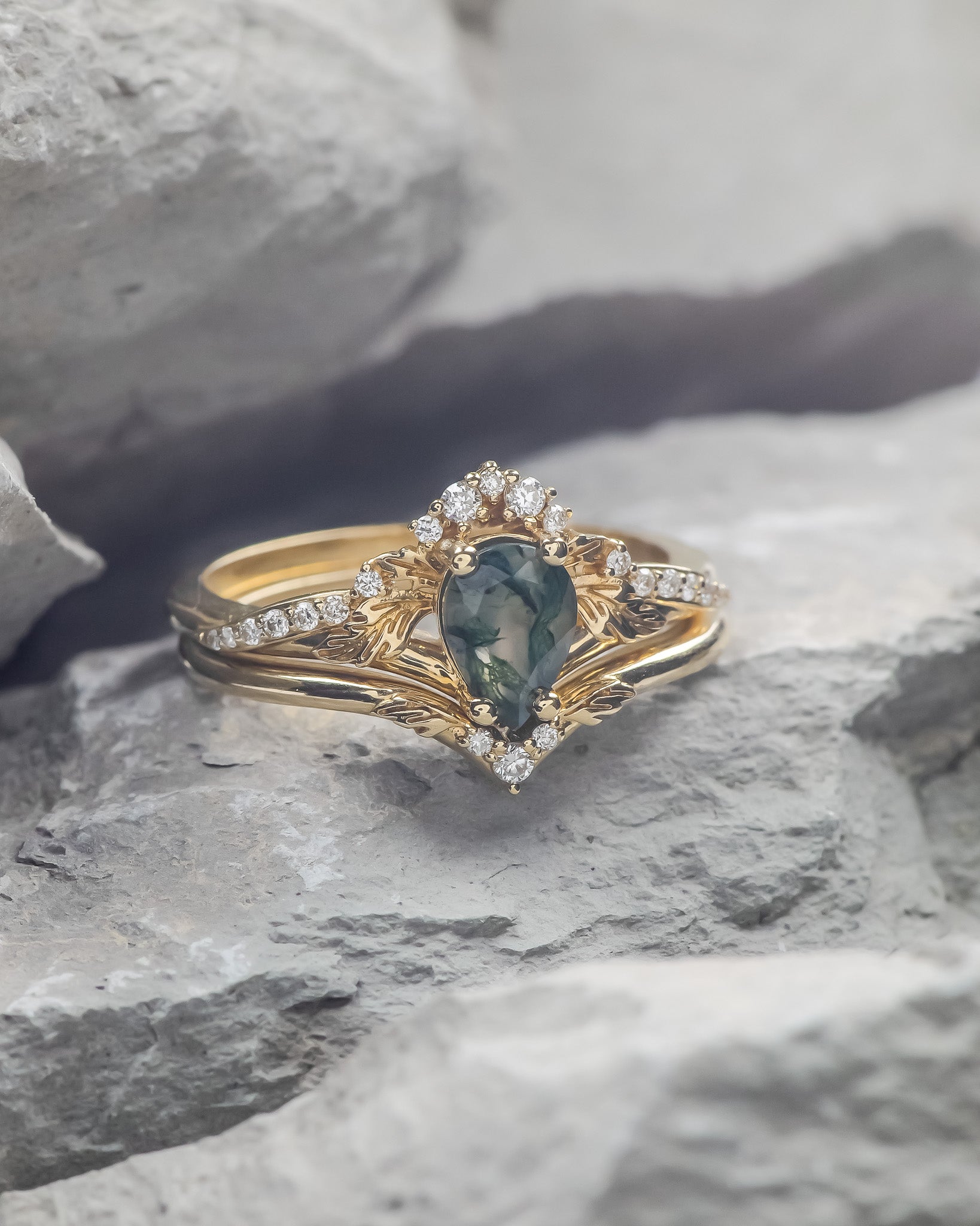 One of a kind moss agate bridal ring set, gold stacking engagement and wedding rings / Amelia - Eden Garden Jewelry™