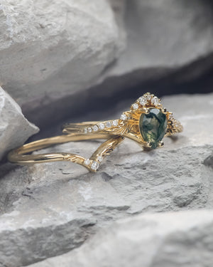 READY TO SHIP: Amelia in 14K yellow gold, bridal ring set with natural green moss agate and diamonds, AVAILABLE RING SIZES: 6-8 US