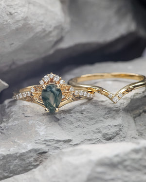 READY TO SHIP: Amelia in 14K yellow gold, bridal ring set with natural green moss agate and diamonds, AVAILABLE RING SIZES: 6-8 US