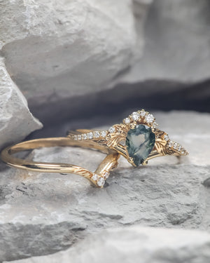 READY TO SHIP: Amelia in 14K yellow gold, bridal ring set with natural green moss agate and diamonds, AVAILABLE RING SIZES: 6-8 US