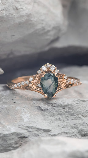 Diamond crown moss agate rose gold proposal ring / Amelia - Eden Garden Jewelry™