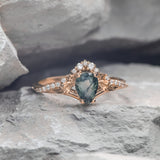 Rutile moss agate engagement ring, diamond crown proposal ring with moss agate / Amelia